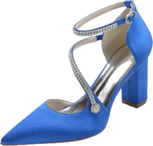 Womens with Rhinestone Ankle Strap Block Chunky Heel Pumps Wedding Business Dress Shoes Closed Pointed Toe Bridal Shoes