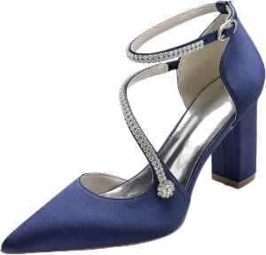 Womens with Rhinestone Ankle Strap Block Chunky Heel Pumps Wedding Business Dress Shoes Closed Pointed Toe Bridal Shoes