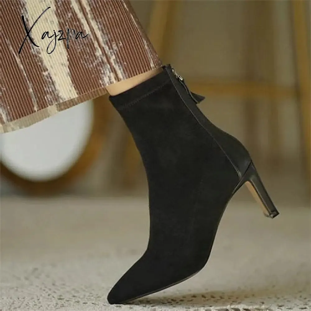 Xajzpa - Women Over The Knee Boots Female Zip Sexy Black Long Boots Woman Thin Heel Ladies Pointed Toe Party Boots Women's Autumn Shoes