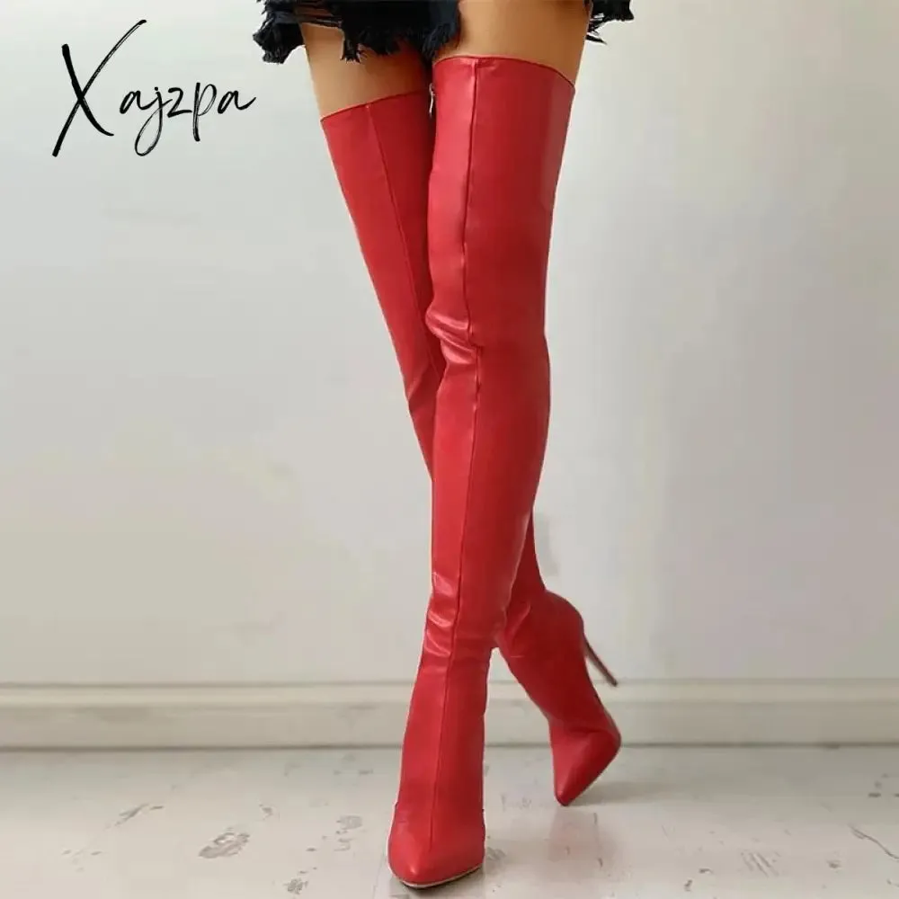 Xajzpa - Women Over The Knee Boots Female Zip Sexy Black Long Boots Woman Thin Heel Ladies Pointed Toe Party Boots Women's Autumn Shoes